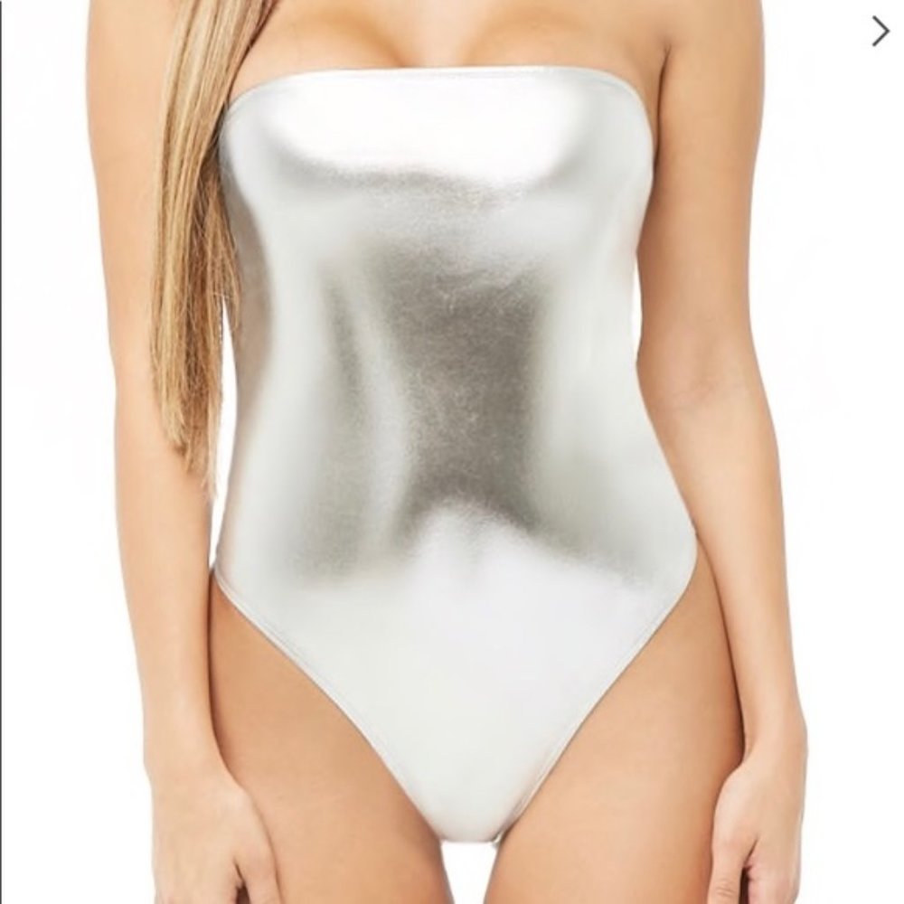 Forever 21 Metallic Silver Strapless One-Piece Bodysuit
